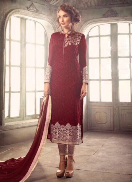 Maroon Georgette Pant Style Suit Glamour