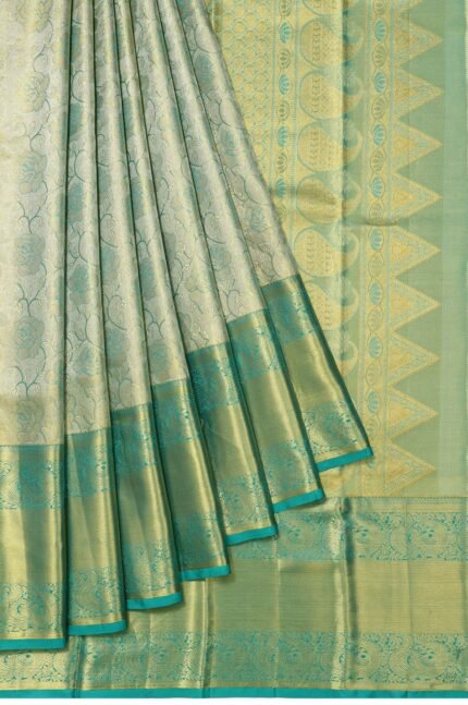 Gold Kanchipuram Silk Saree with Floral Design and Sea Green Border