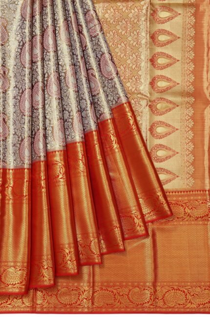 Blue Kanchipuram Silk Saree with Floral Zari and Red Pallu  Regular price