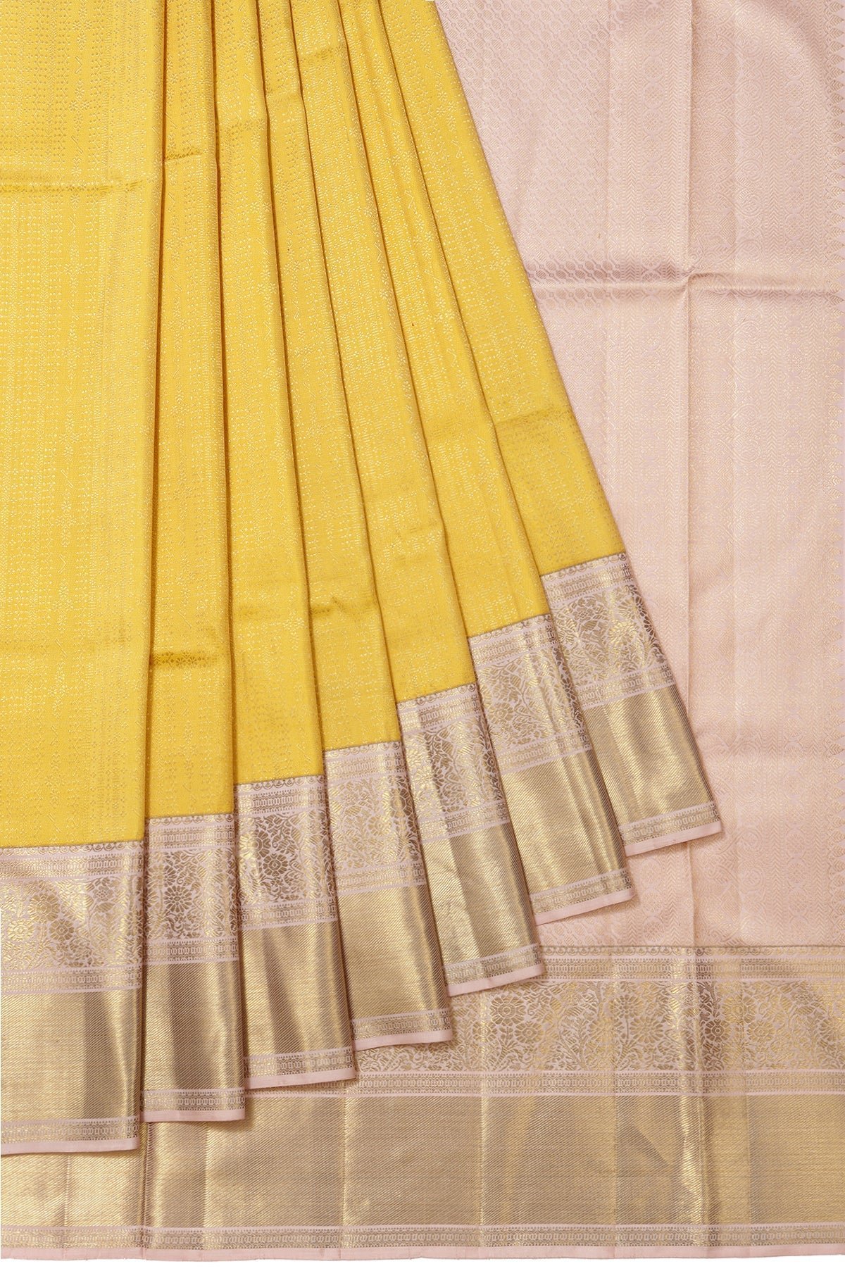 Yellow Kanchipuram Silk Saree with Onion Pink Zari