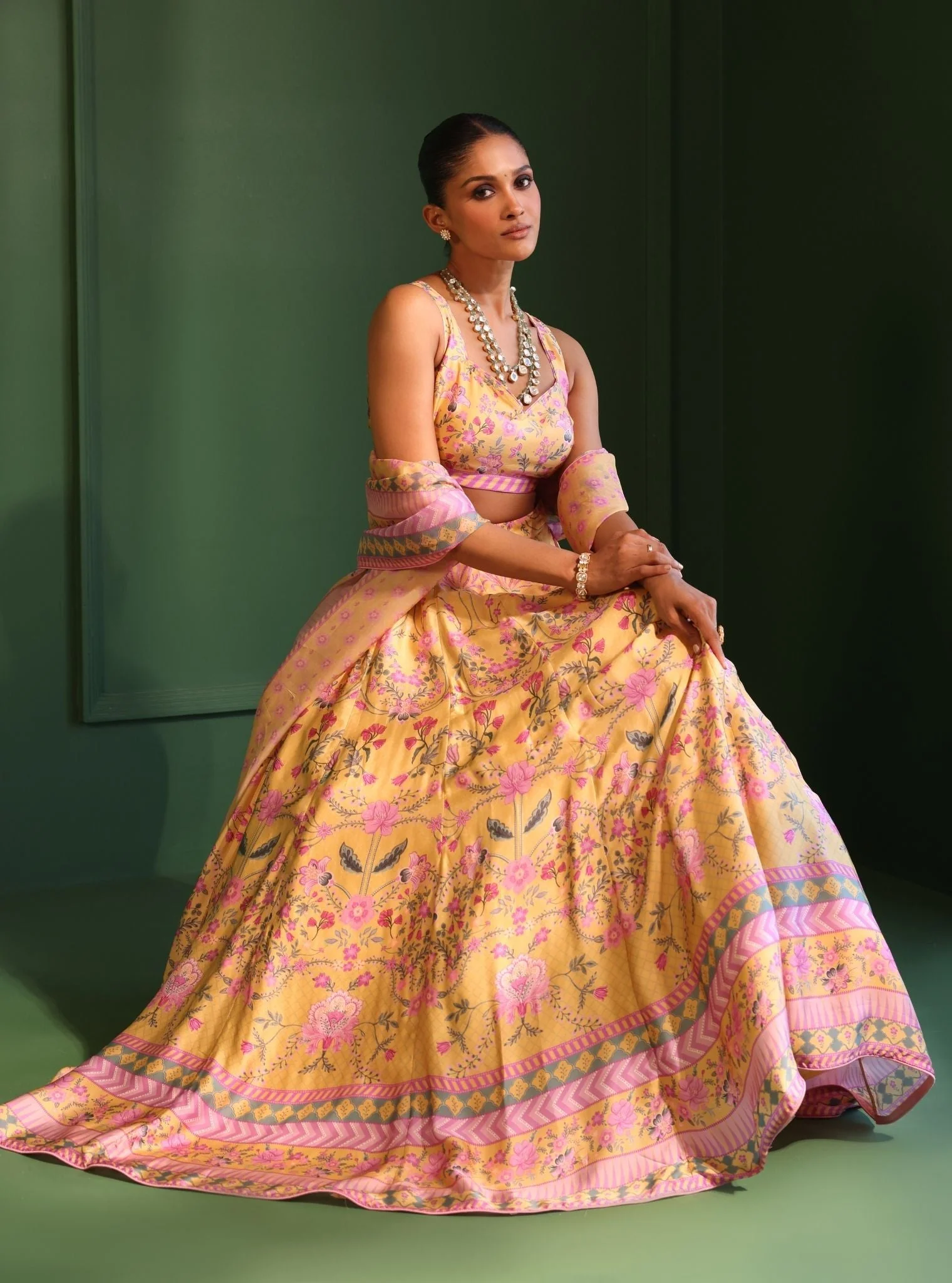 Satin Printed Jhanak Yellow Lehenga - Image 7