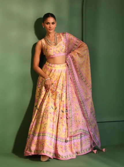 Satin Printed Jhanak Yellow Lehenga