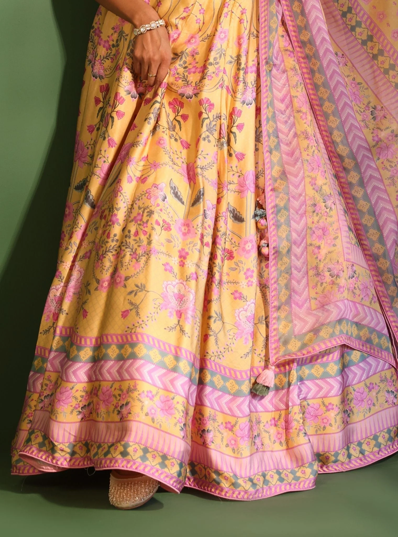 Satin Printed Jhanak Yellow Lehenga - Image 3