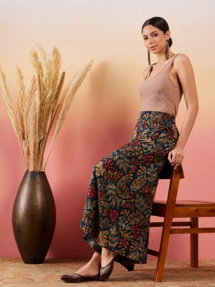 Teal Maroon Printed Leaf Print Foil Palazzo