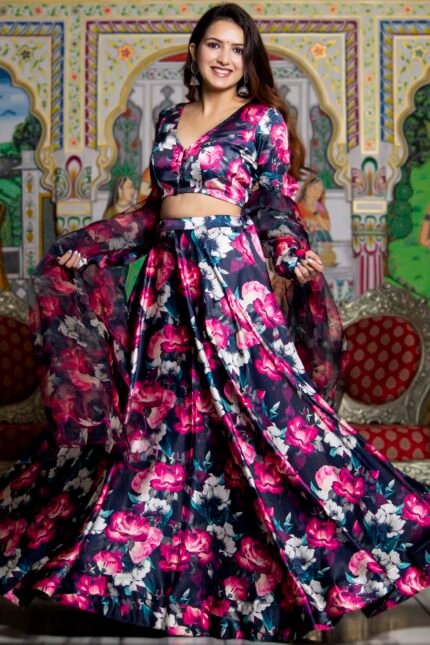 Black Satin Floral Printed Flared Lehenga Set