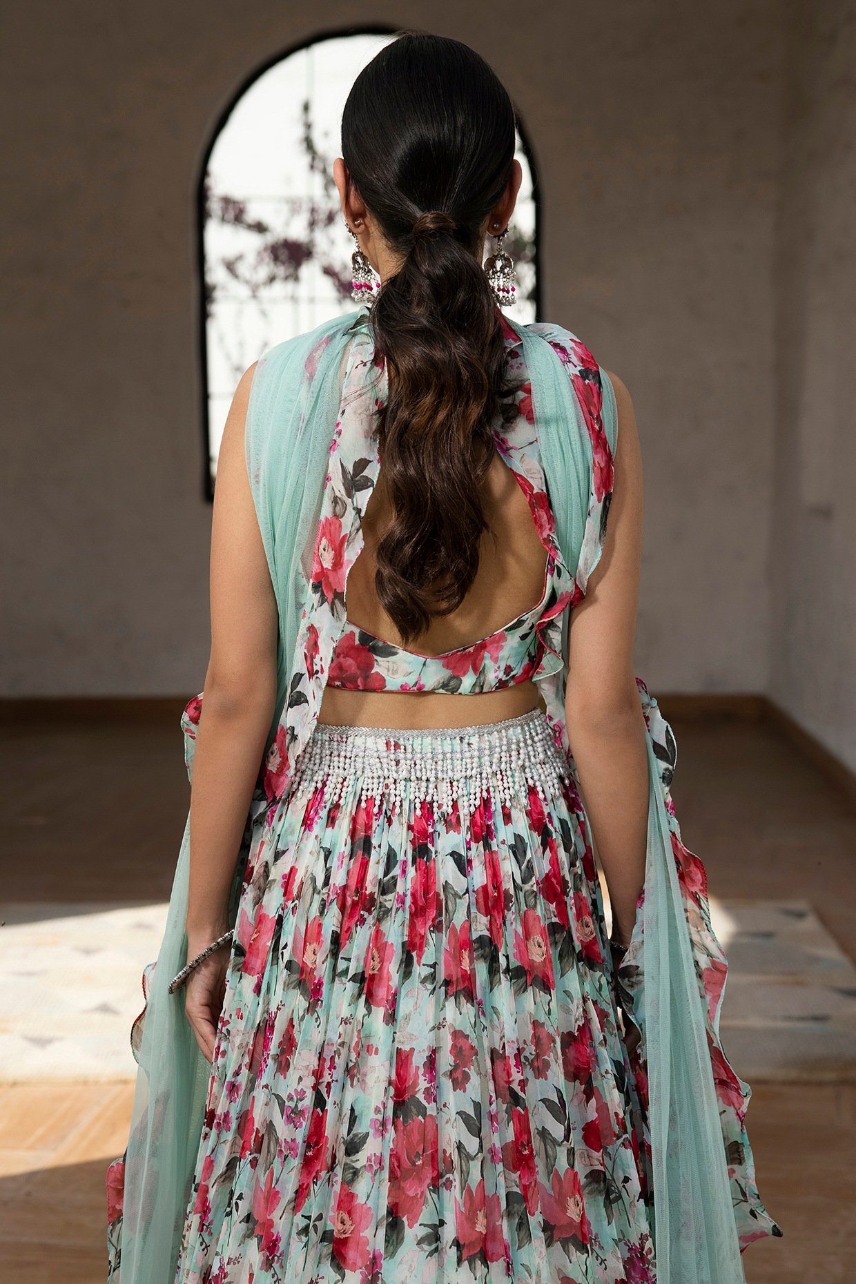 Green Viscose Organza Floral Printed Lehenga Set - Image 3