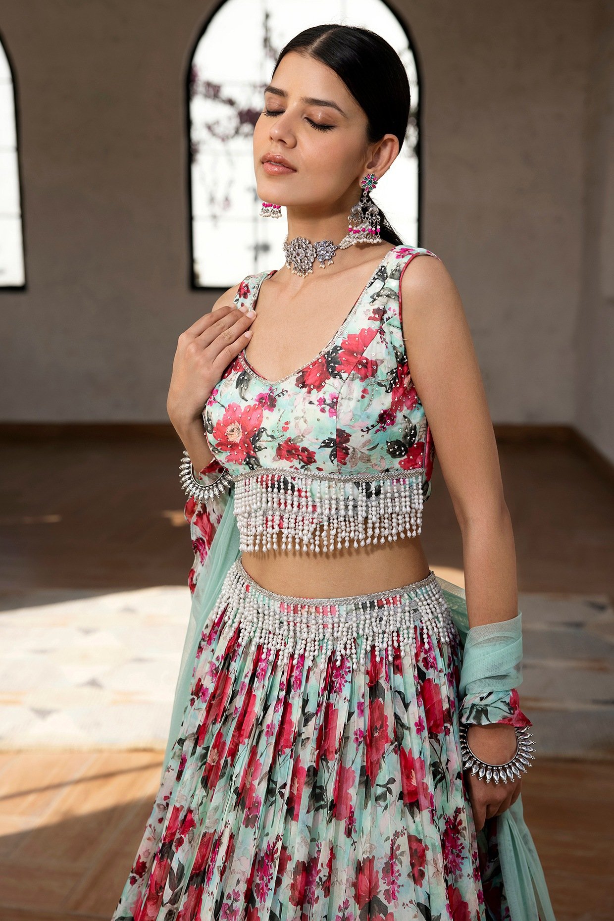 Green Viscose Organza Floral Printed Lehenga Set - Image 5