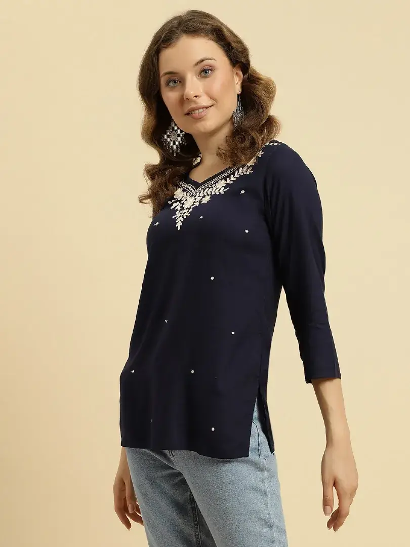 Blue Kashmiri Silk Work Short Kurti - Image 2