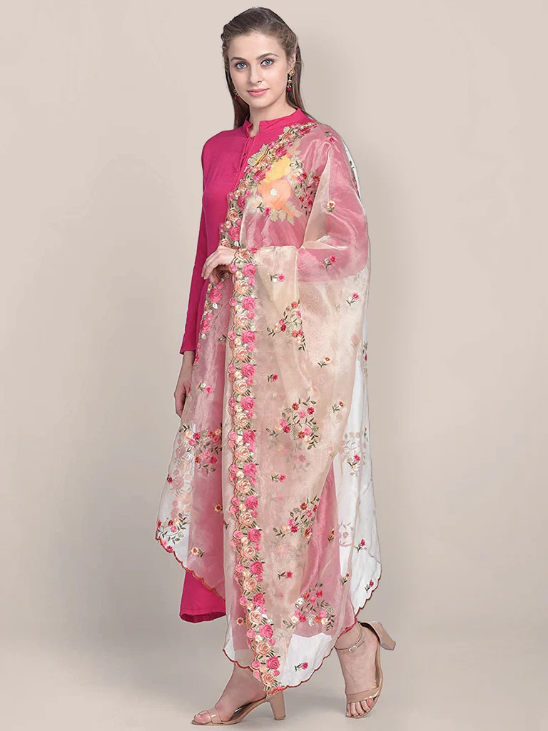 Organza Dupatta with Multicolor Floral Embroidery - Image 3