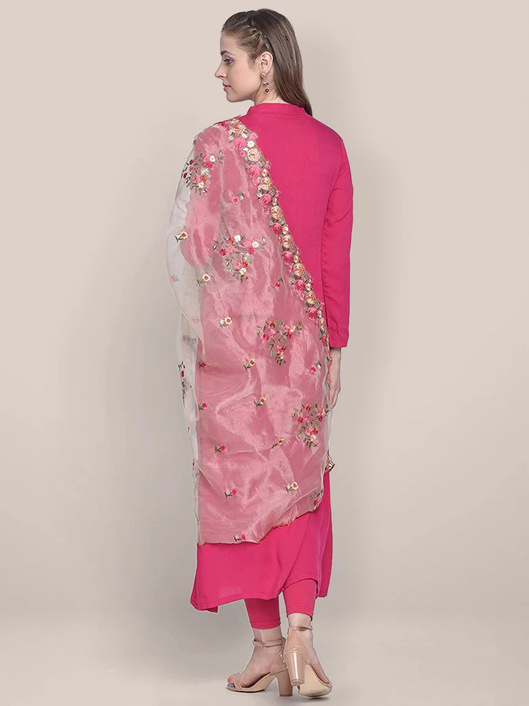 Organza Dupatta with Multicolor Floral Embroidery - Image 4
