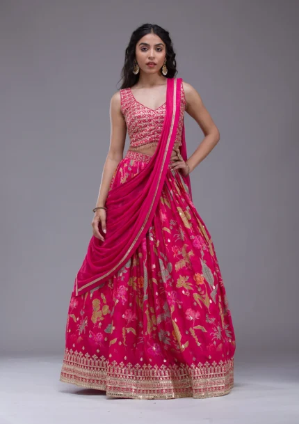 Rani Pink Sequins Georgette Readymade Lehenga
