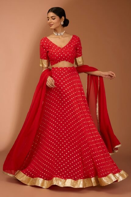 Red Georgette Lace Work Lehenga Set