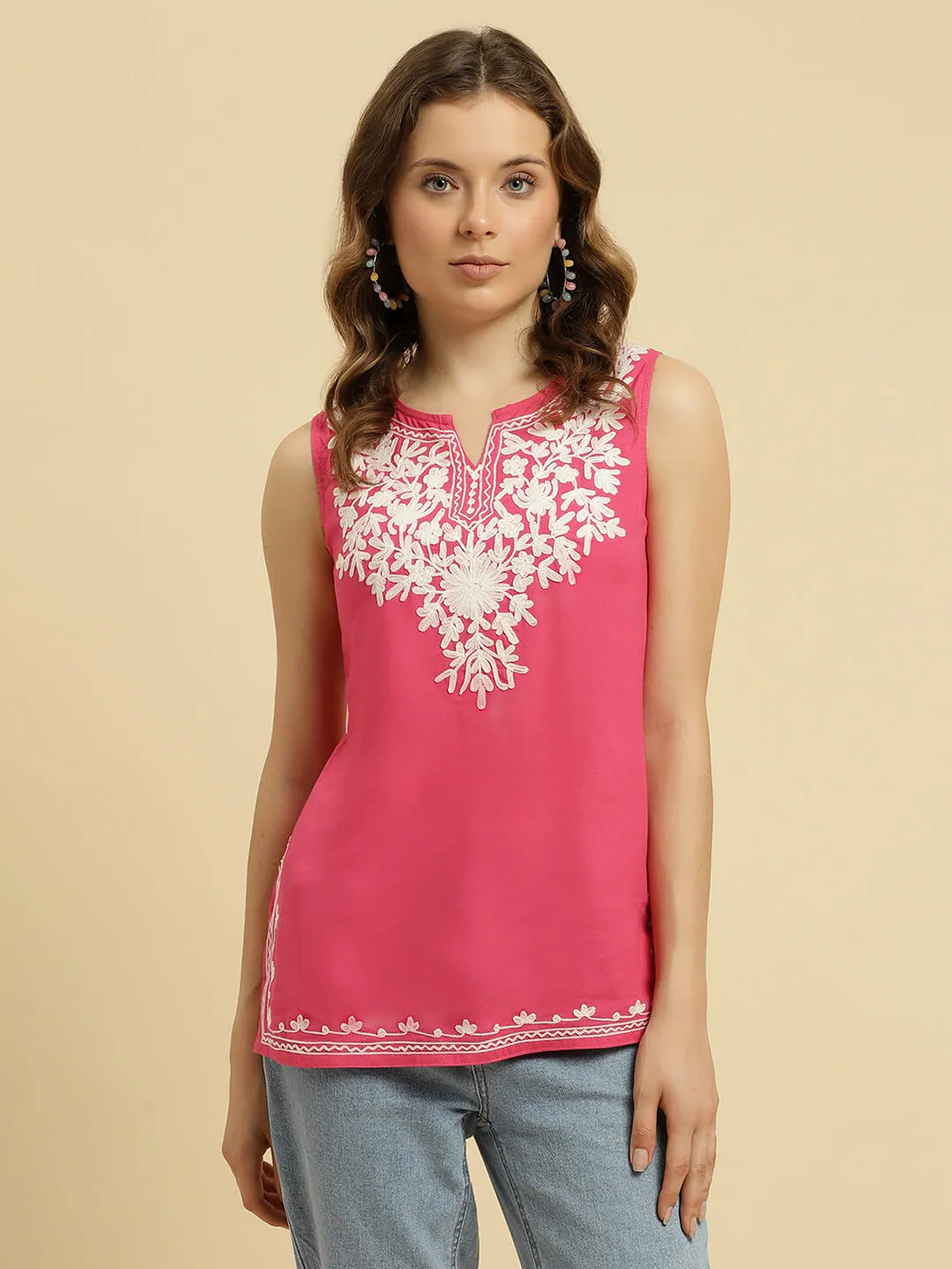 Pink Sleeveless Short Kurti