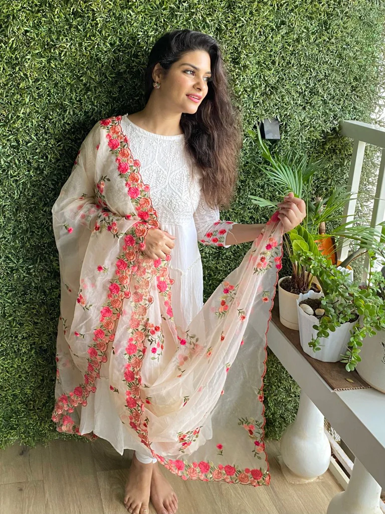 Organza Dupatta with Multicolor Floral Embroidery