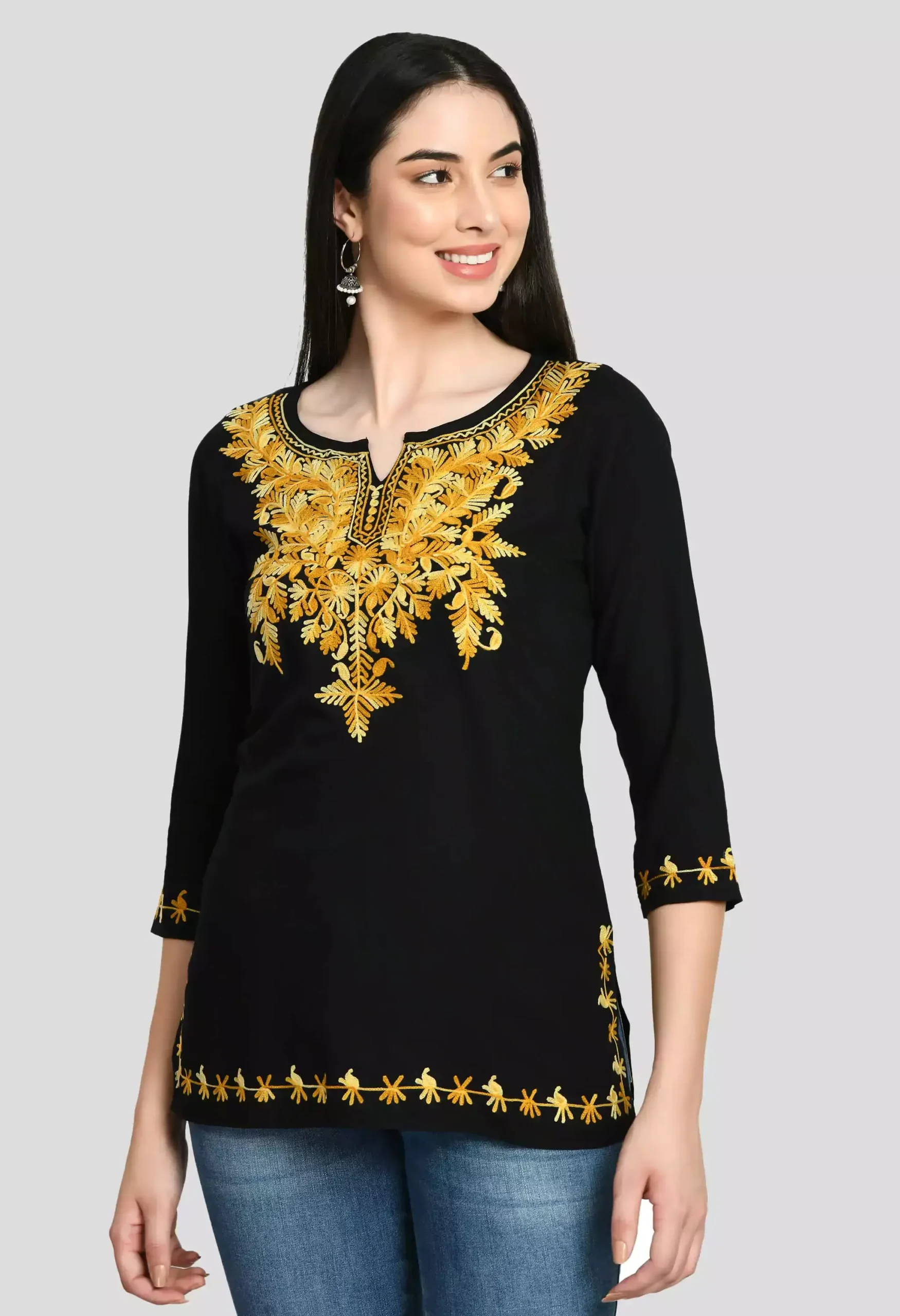 Black Kashmiri Embroidered Short Kurti
