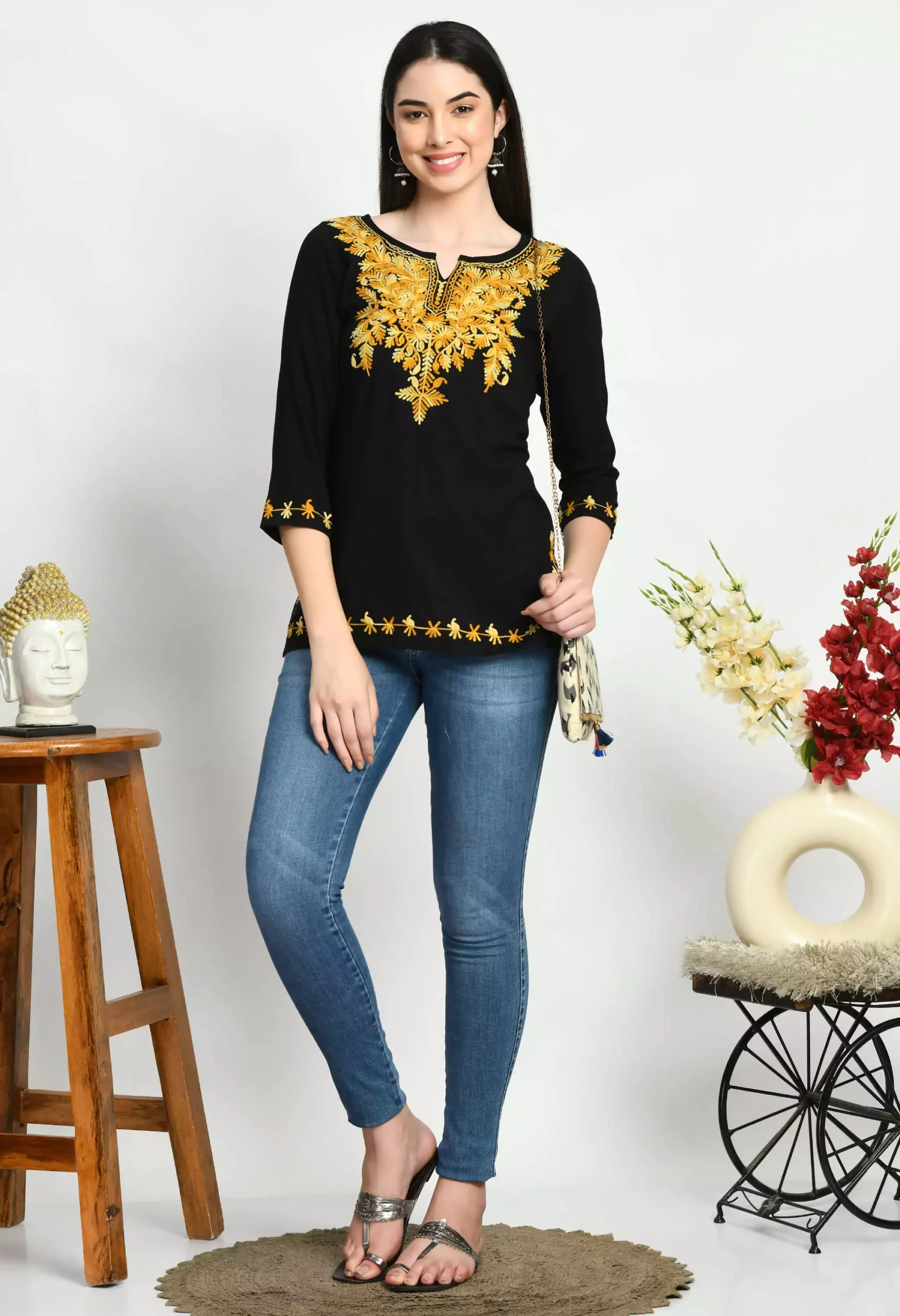 Black Kashmiri Embroidered Short Kurti - Image 4
