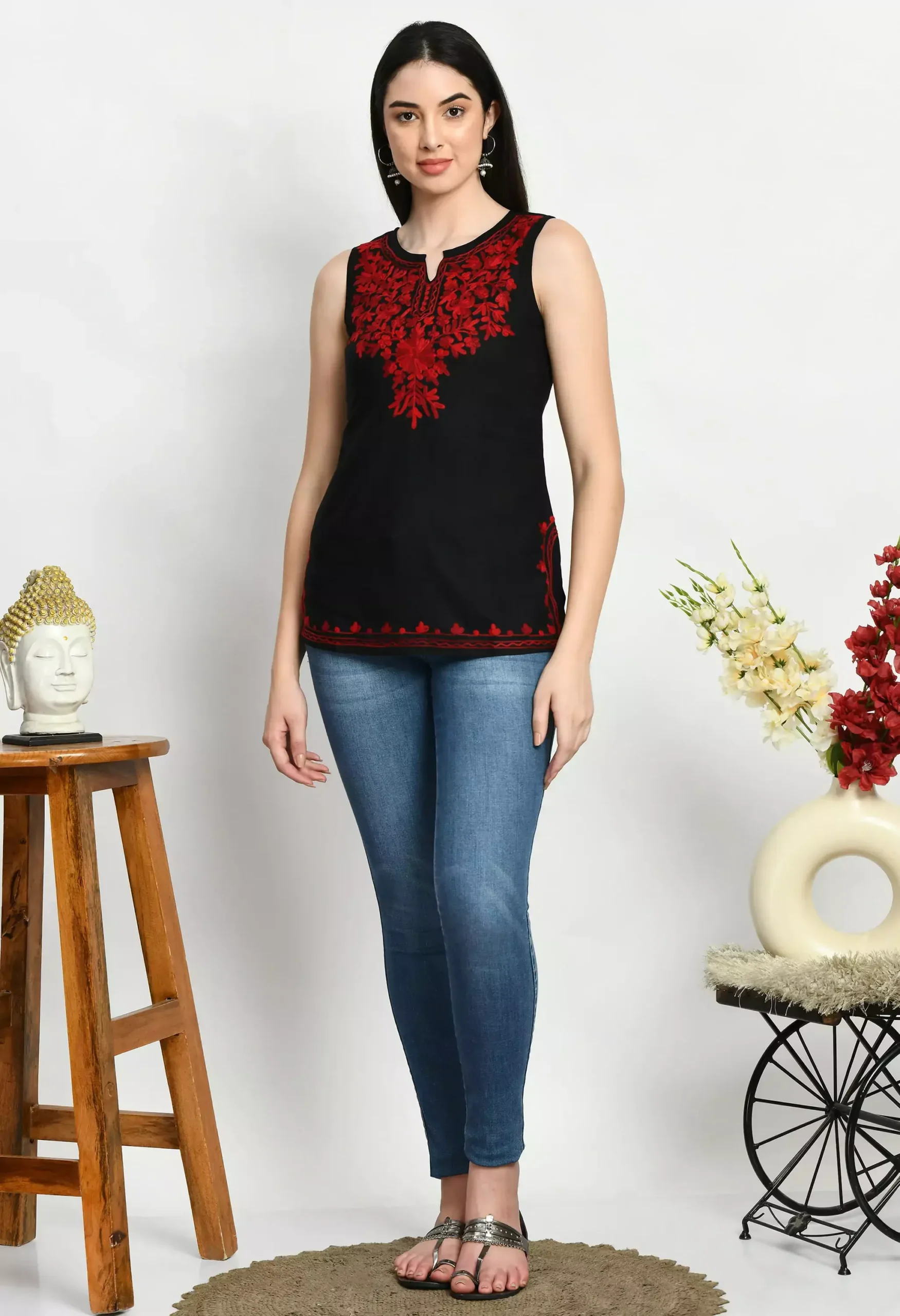 Black Kashmiri Sleeveless Short Kurti - Image 7