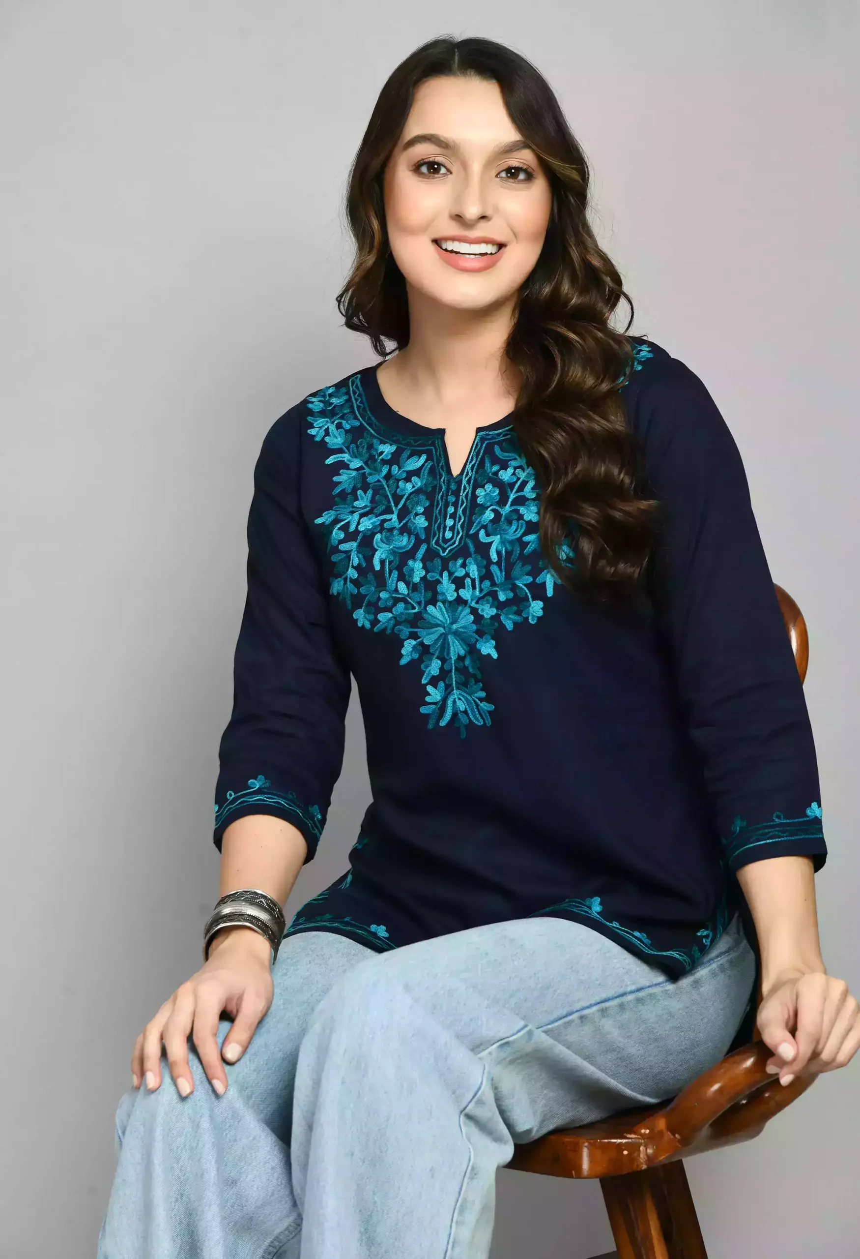Blue Kashmiri Short Kurti - Image 3