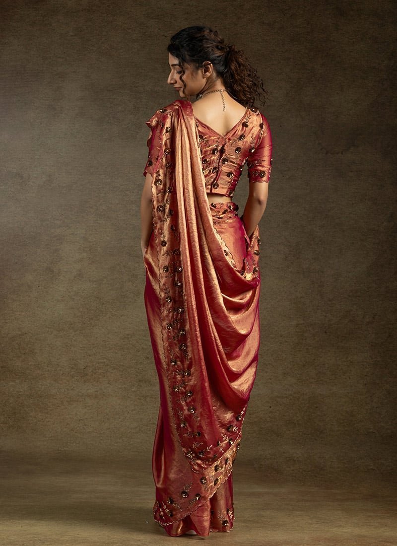 Dark Peach Satin Silk Hand Embroidered Sequins With Applique And Stone Work Saree Wedding Wear - Image 2