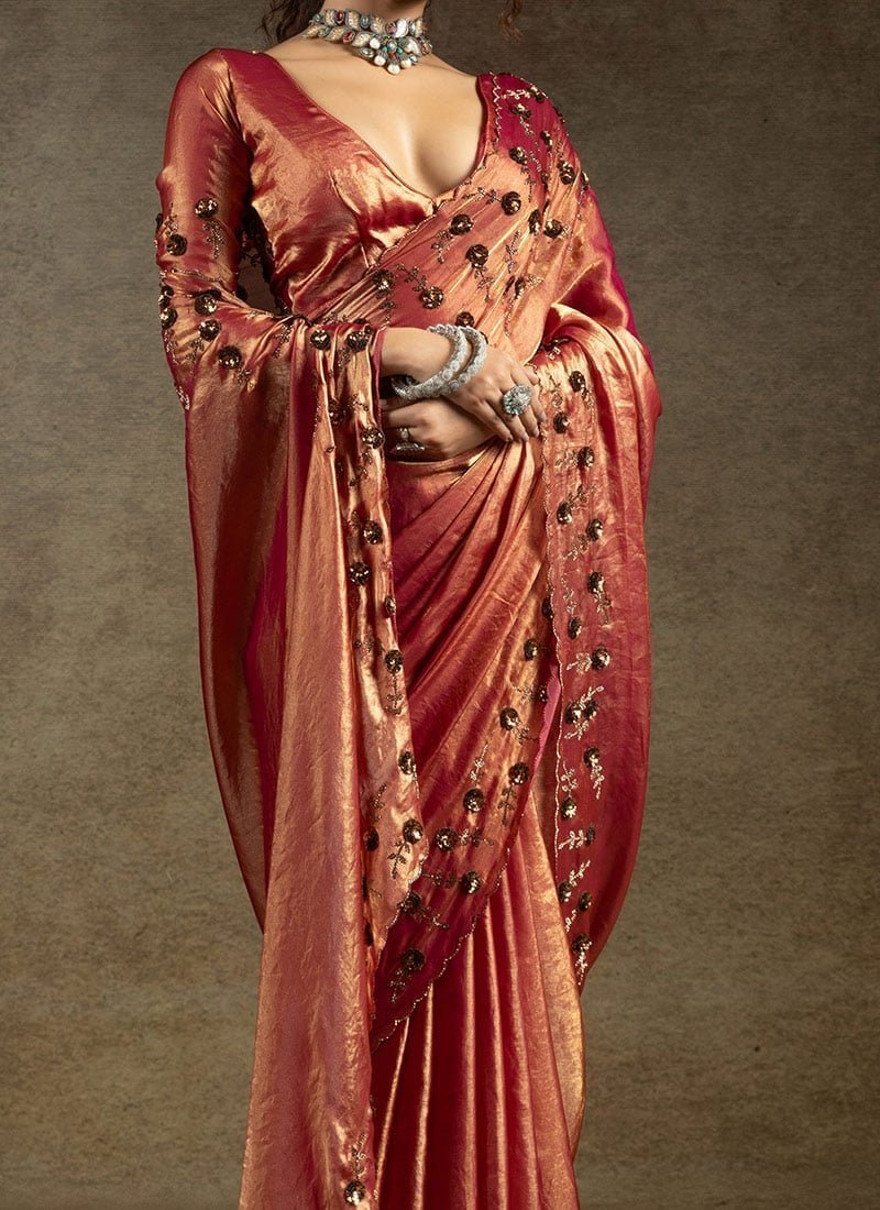 Dark Peach Satin Silk Hand Embroidered Sequins With Applique And Stone Work Saree Wedding Wear - Image 3