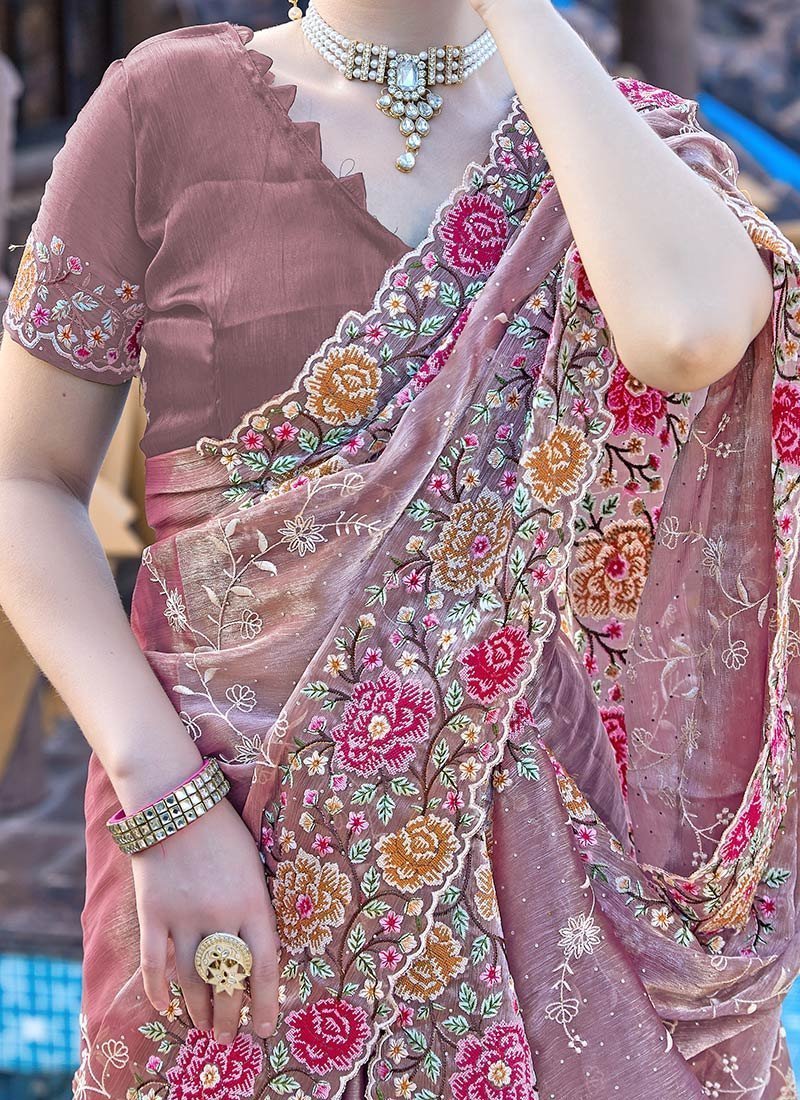 Lavender Organza Floral Embroidered Sequins Stone Embossed Saree Festive Wear - Image 3