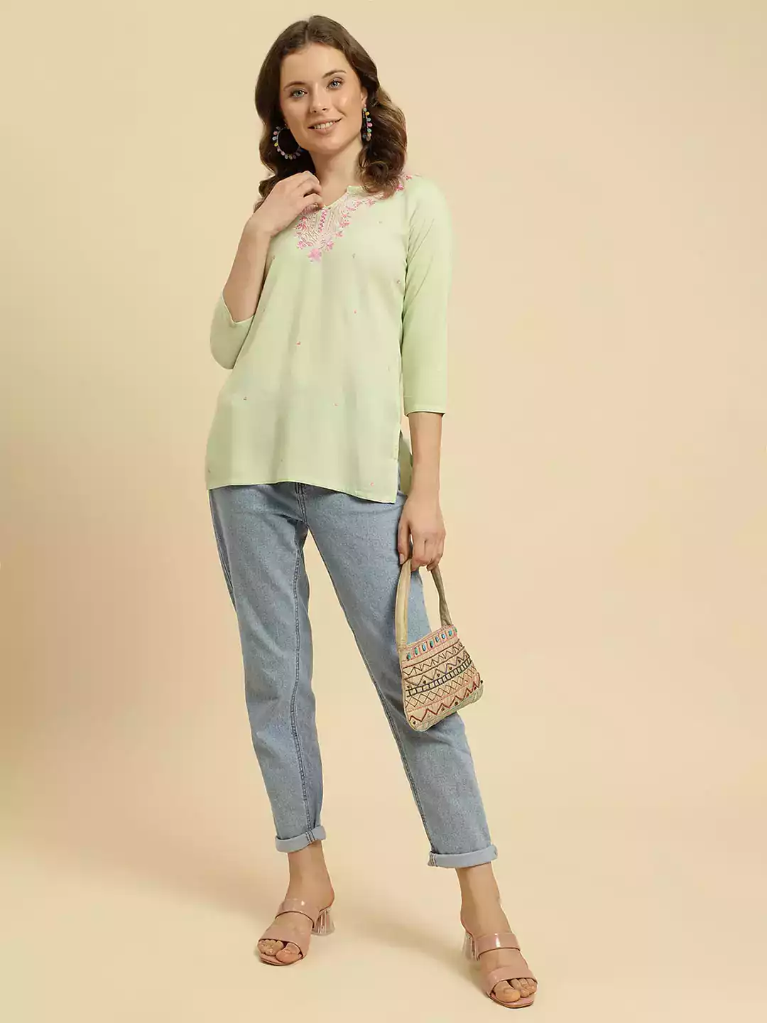 Pista Green Pashmina Work Short Kurti - Image 4