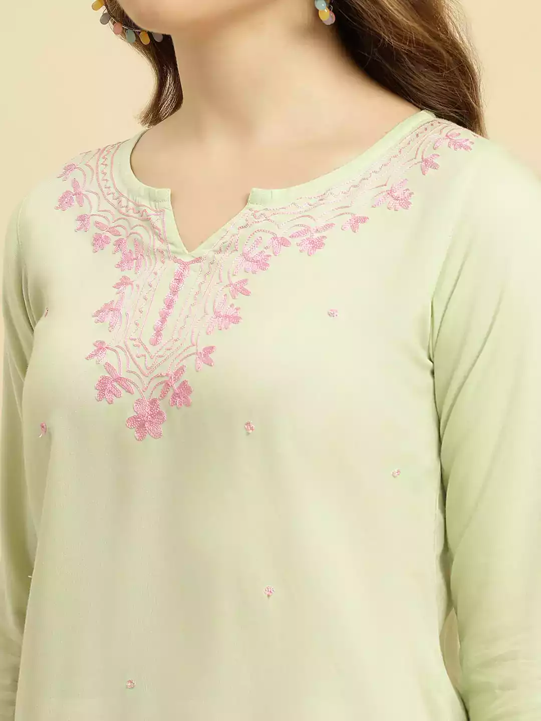 Pista Green Pashmina Work Short Kurti - Image 5