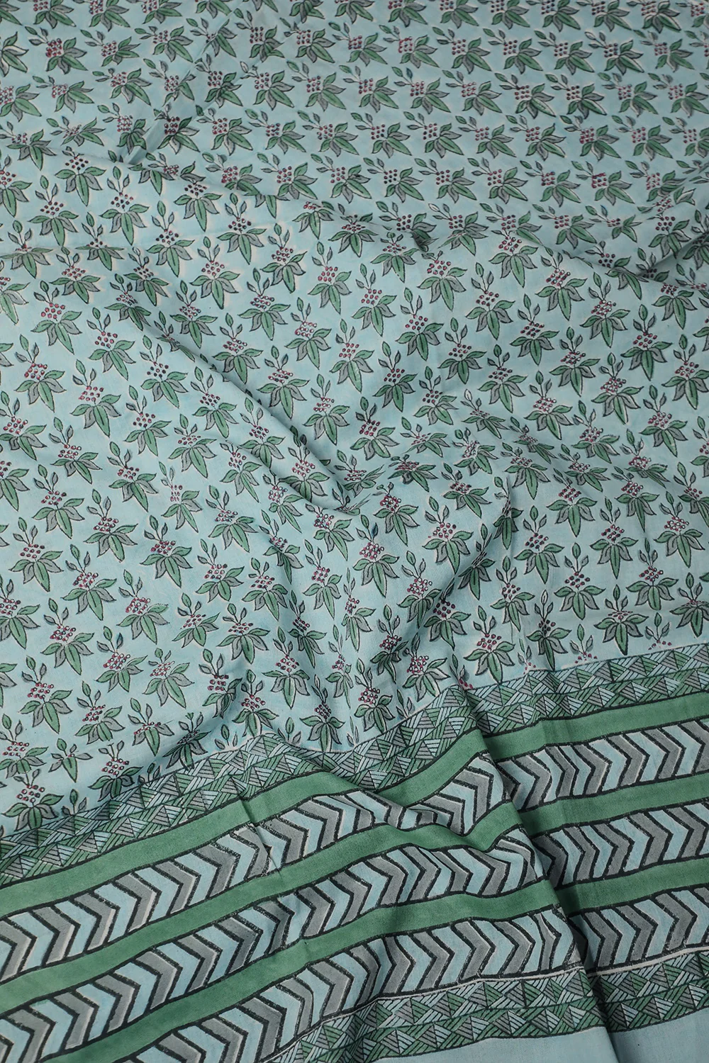 Green Florets on Blue Block Printed Mul Cotton Dupatta - Image 2