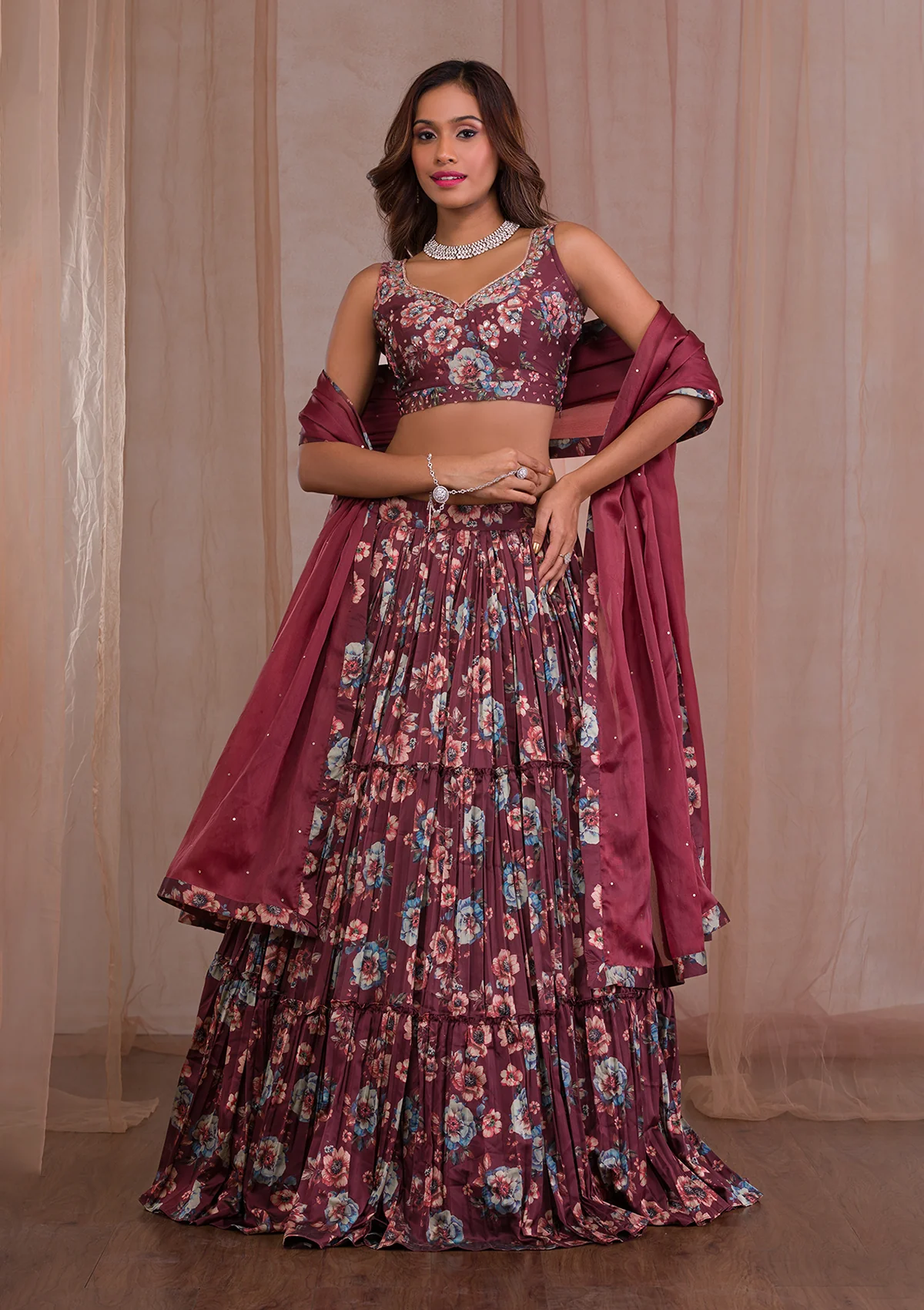 Brown Cutdana Satin Readymade Lehenga - Image 4