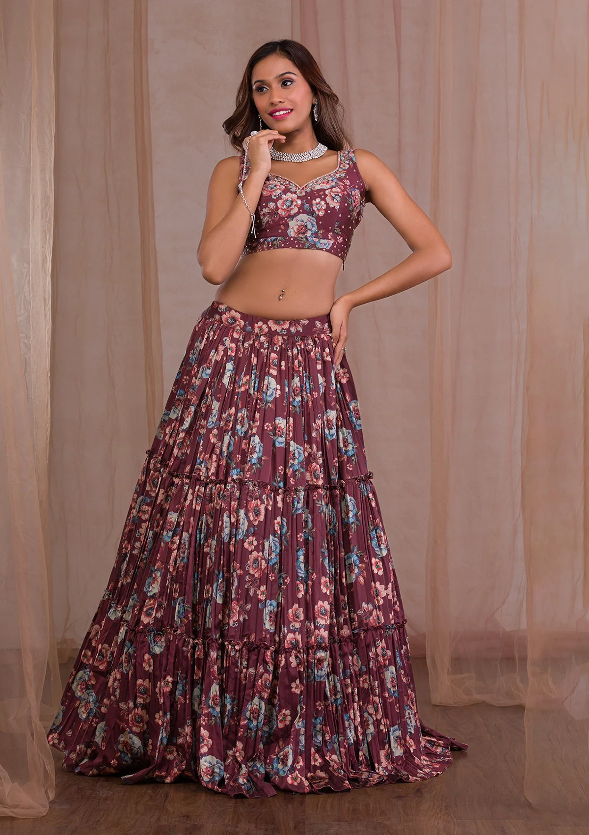 Brown Cutdana Satin Readymade Lehenga - Image 6