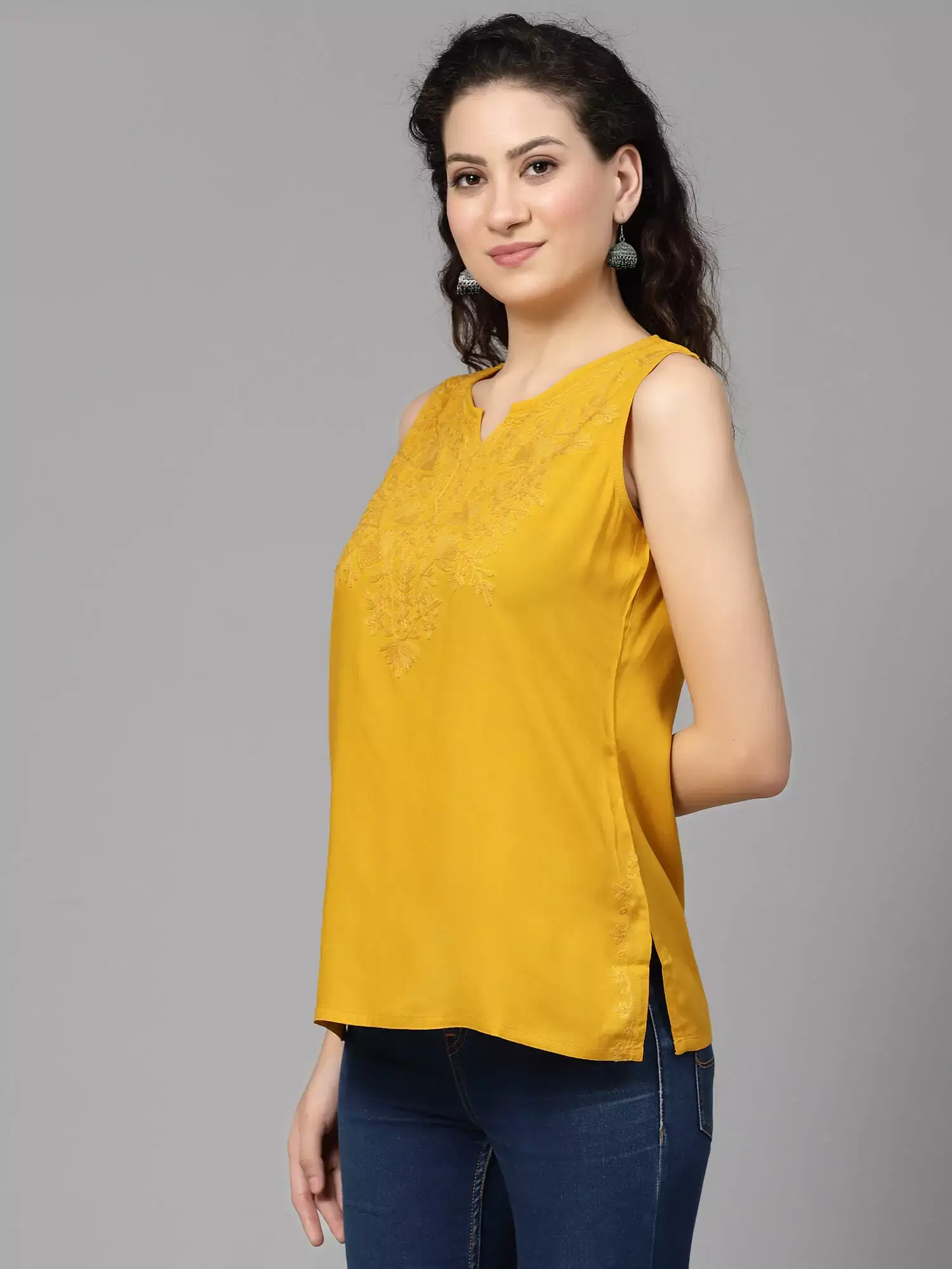 Mustard Self Embroidered Sleeveless Short Kurti - Image 6