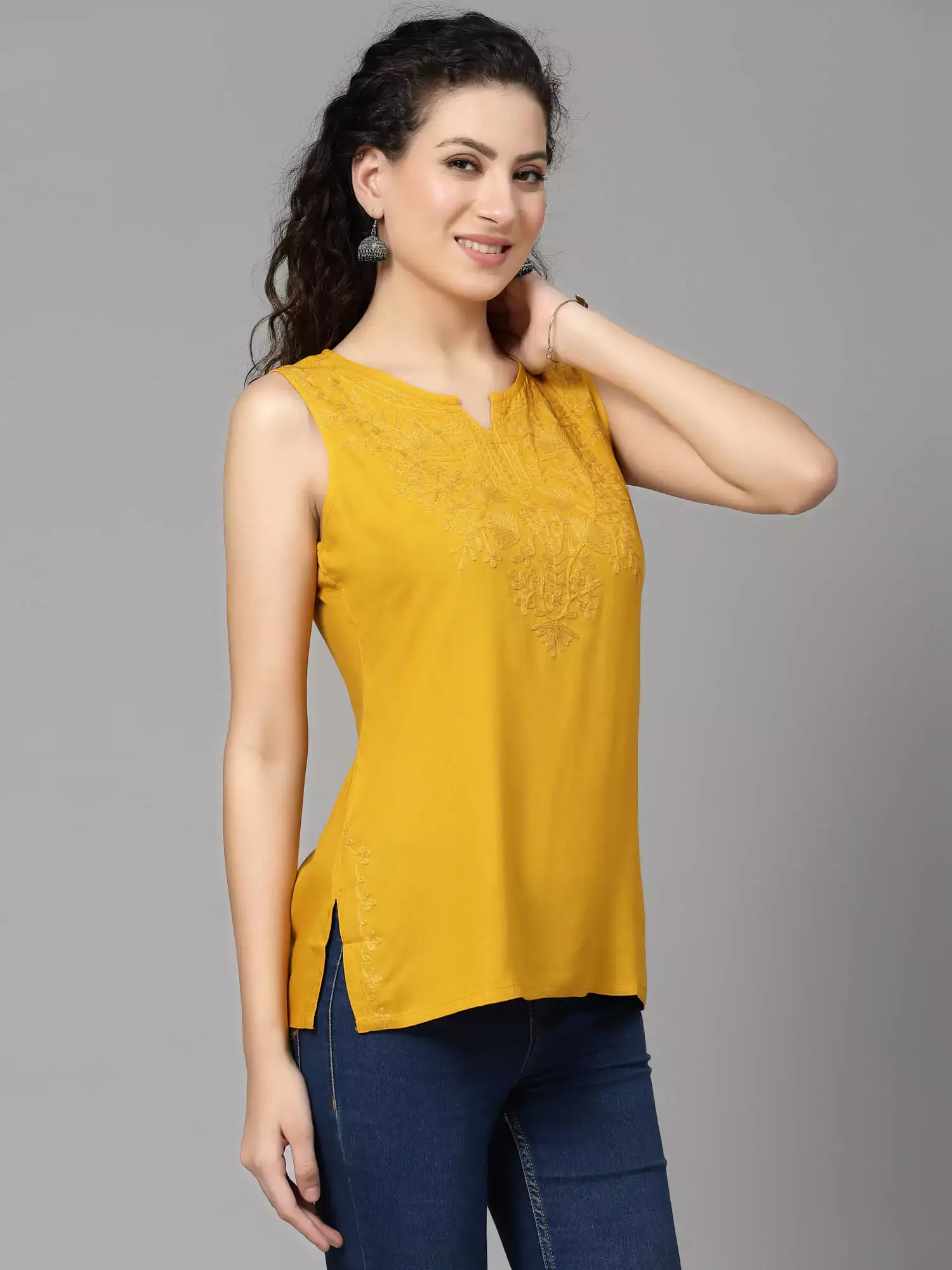 Mustard Self Embroidered Sleeveless Short Kurti - Image 7