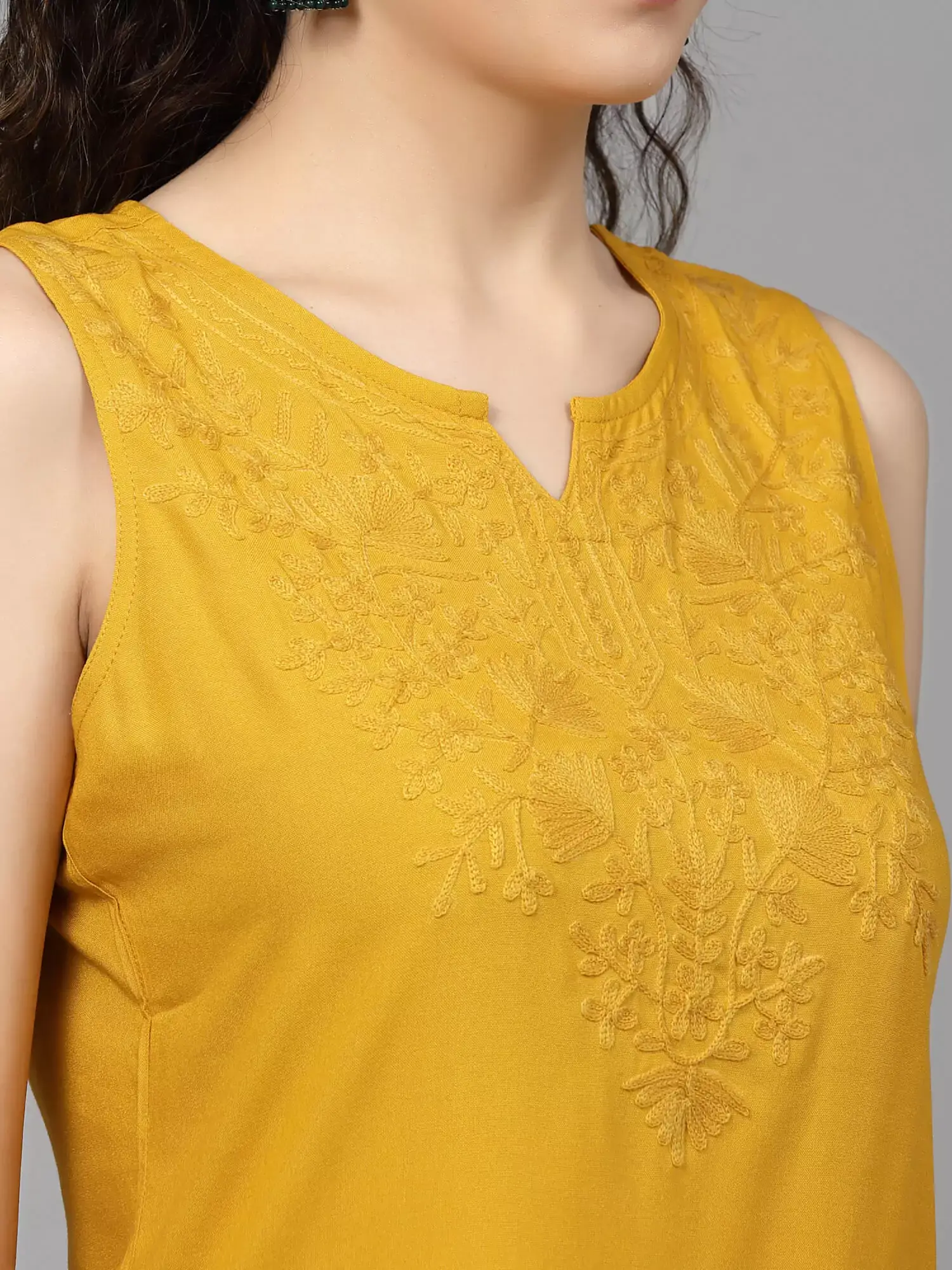Mustard Self Embroidered Sleeveless Short Kurti - Image 2