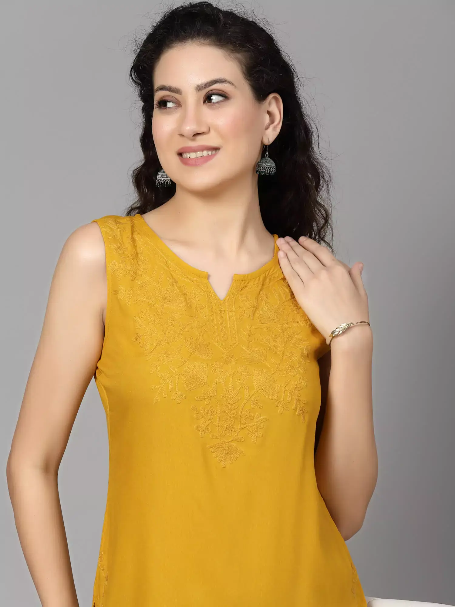 Mustard Self Embroidered Sleeveless Short Kurti - Image 4