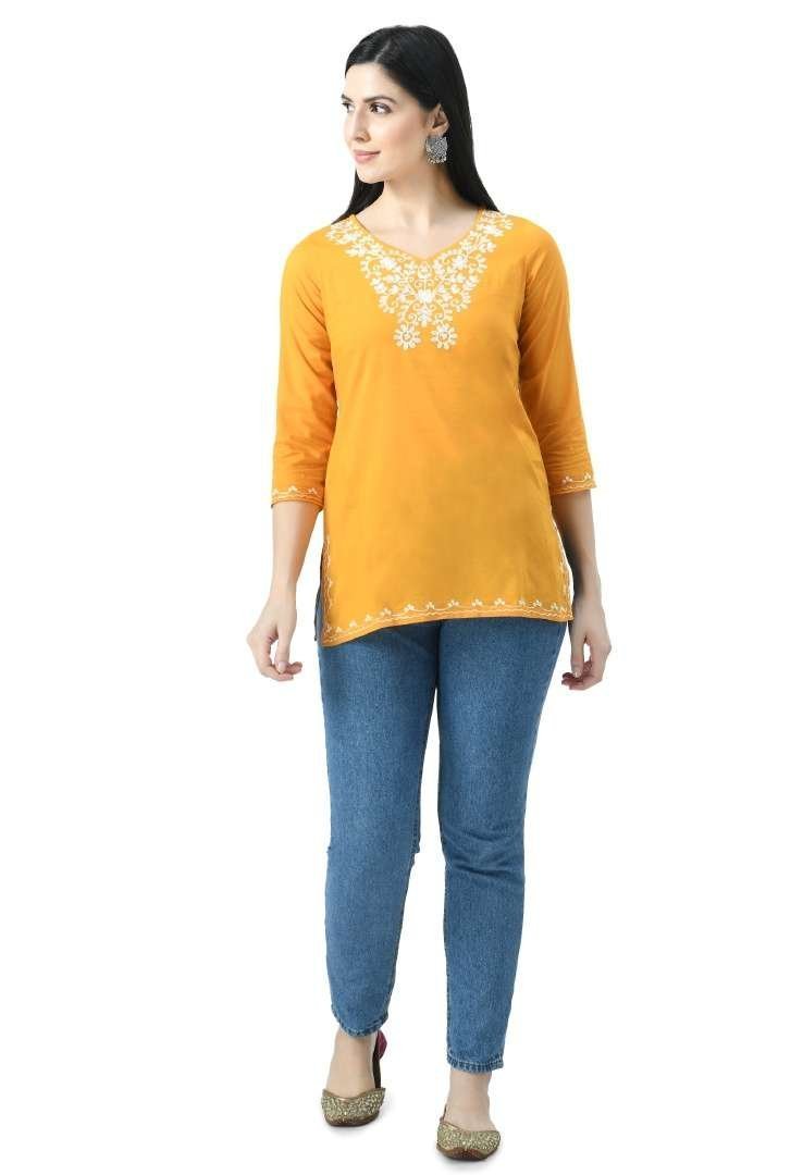 Mustard Yellow Resham Work Short Kurti - Image 2