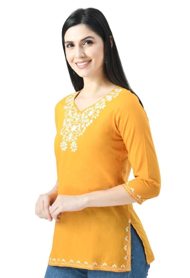 Mustard Yellow Resham Work Short Kurti - Image 3