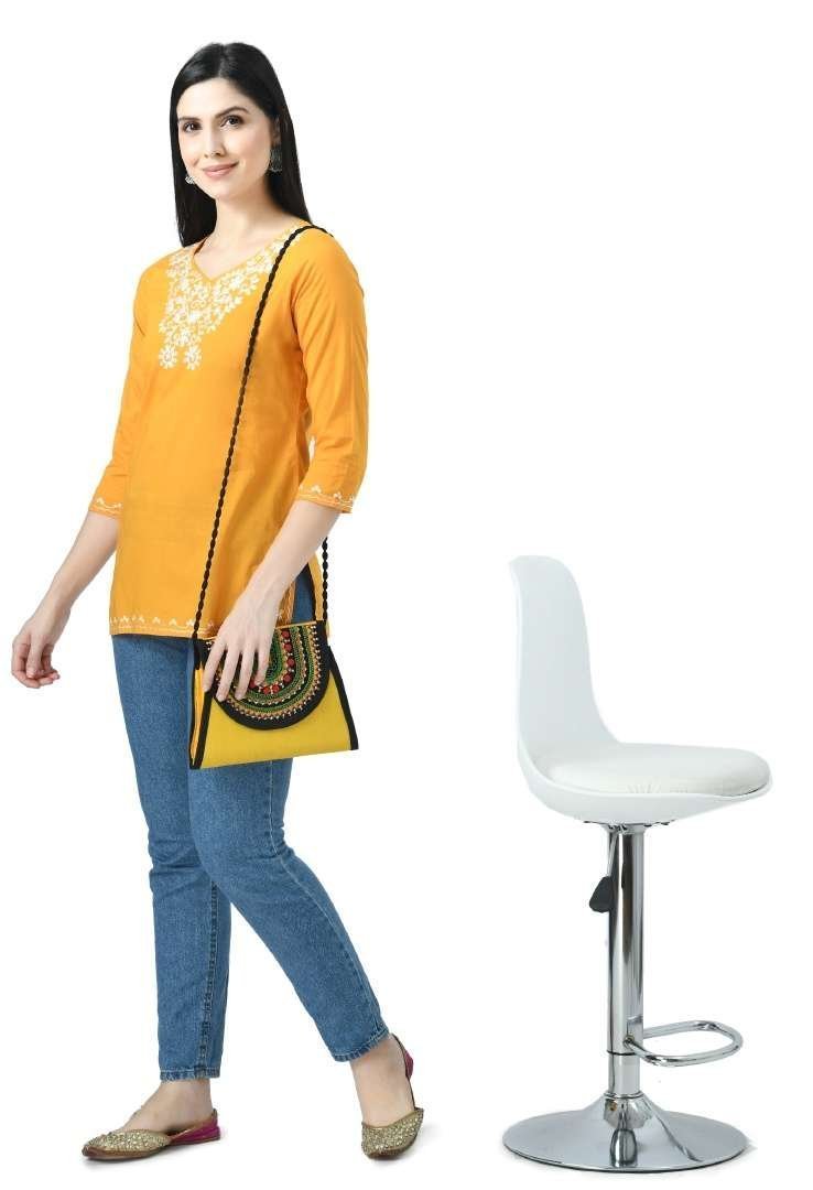Mustard Yellow Resham Work Short Kurti - Image 5