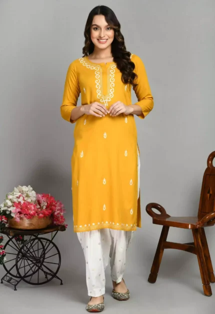 Mustard Colored Pashmina Work Kurti