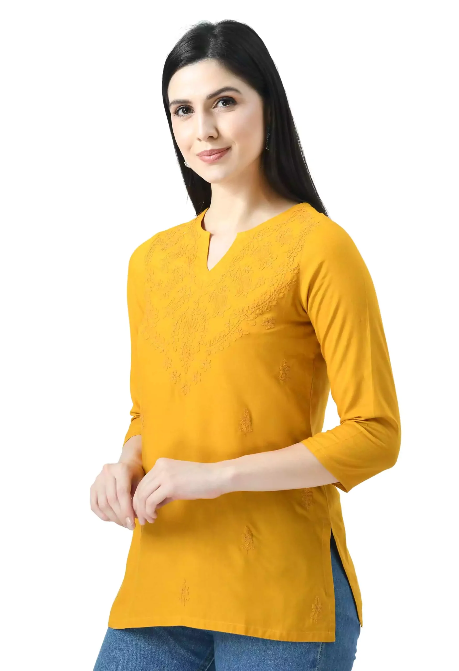 Mustard Self Chikankari Short Kurti - Image 6