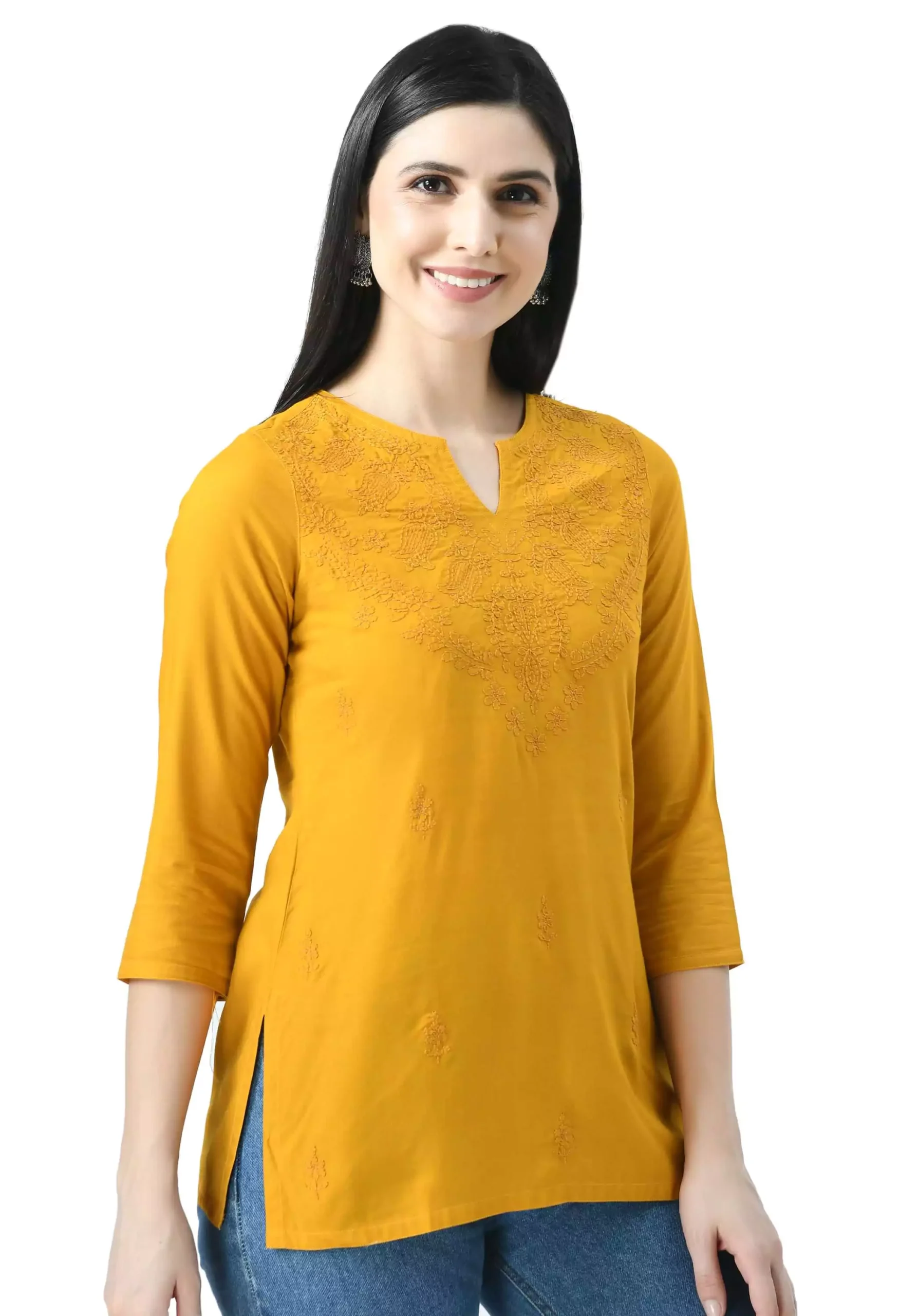Mustard Self Chikankari Short Kurti - Image 7