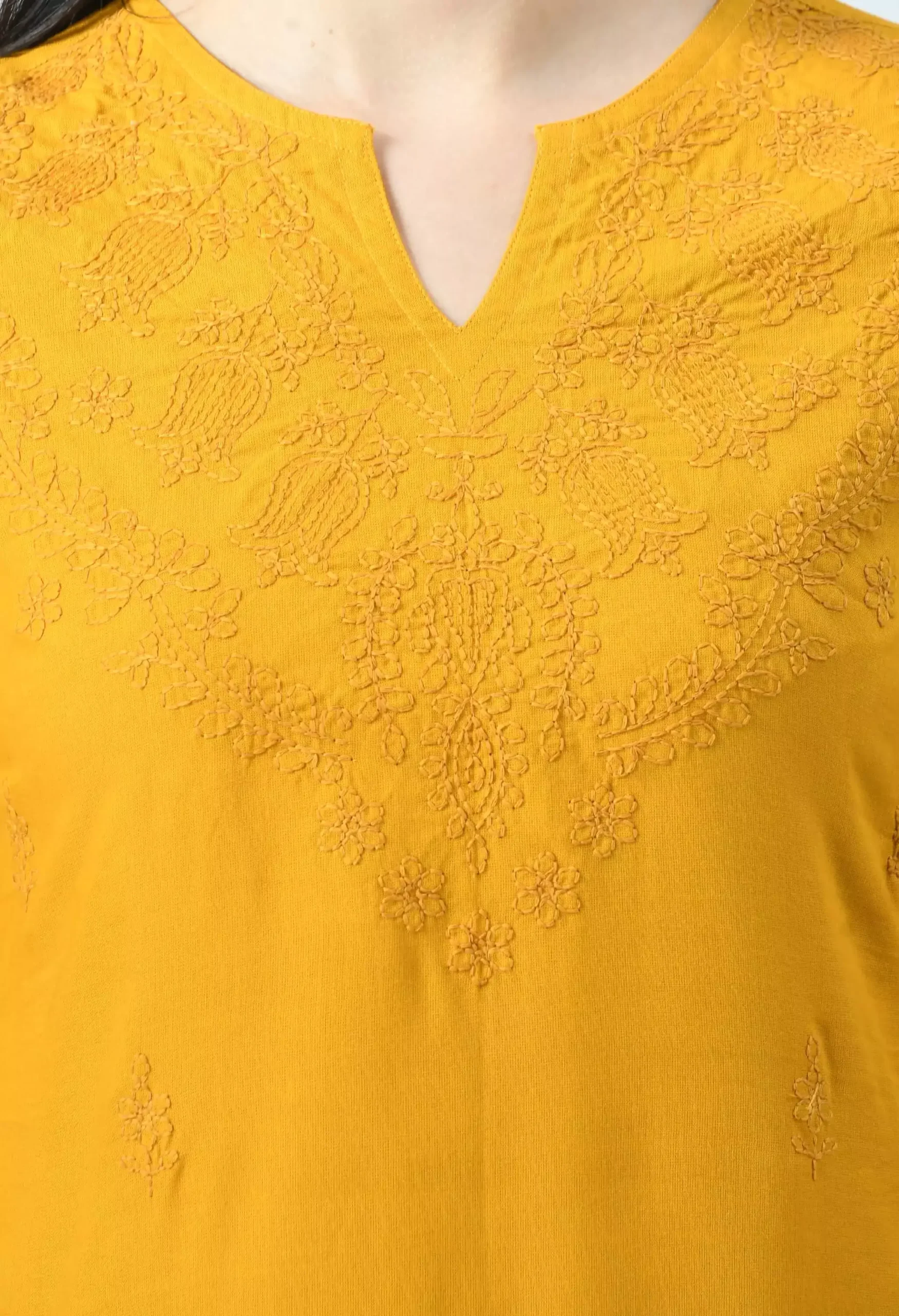 Mustard Self Chikankari Short Kurti - Image 2