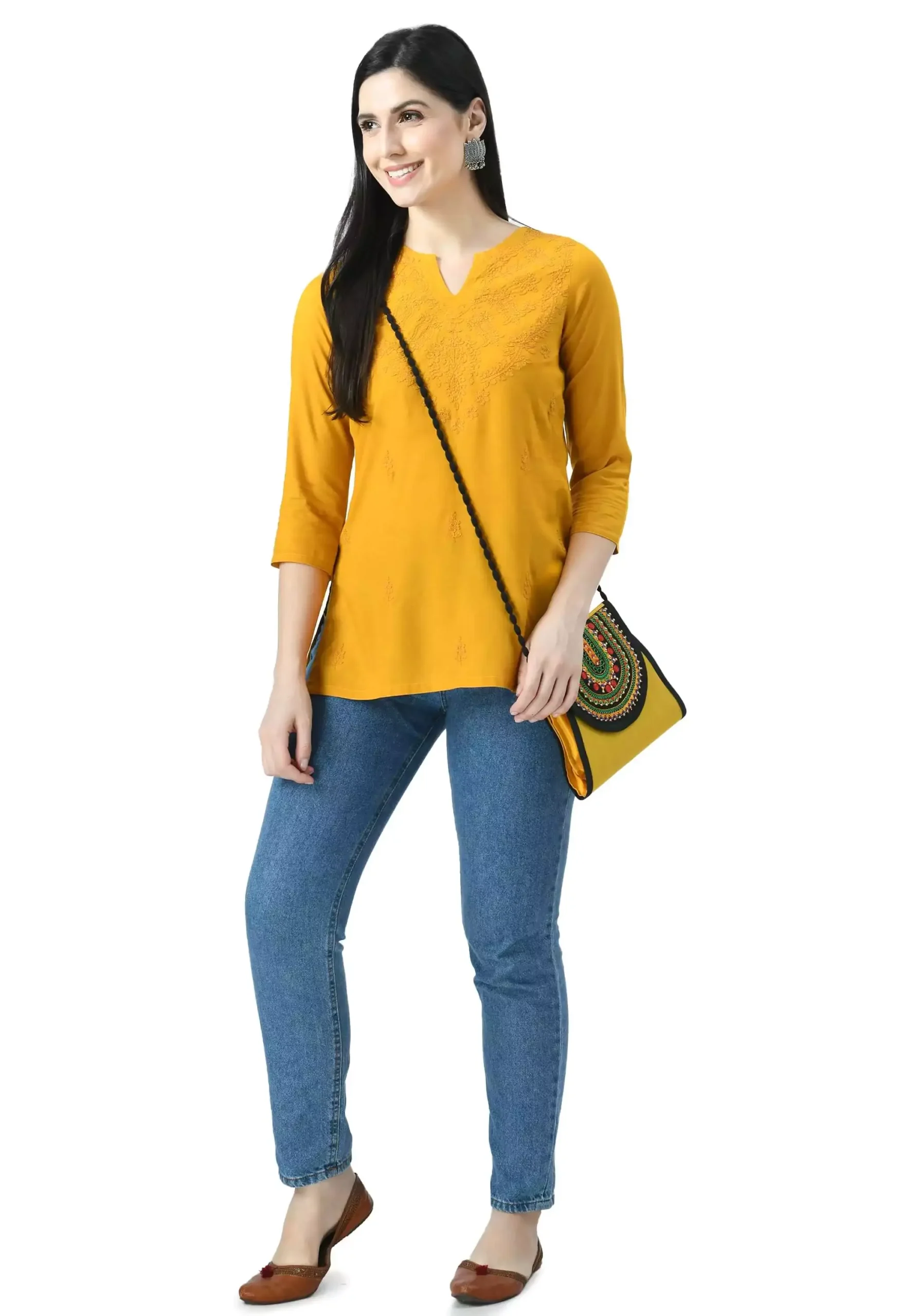 Mustard Self Chikankari Short Kurti - Image 3