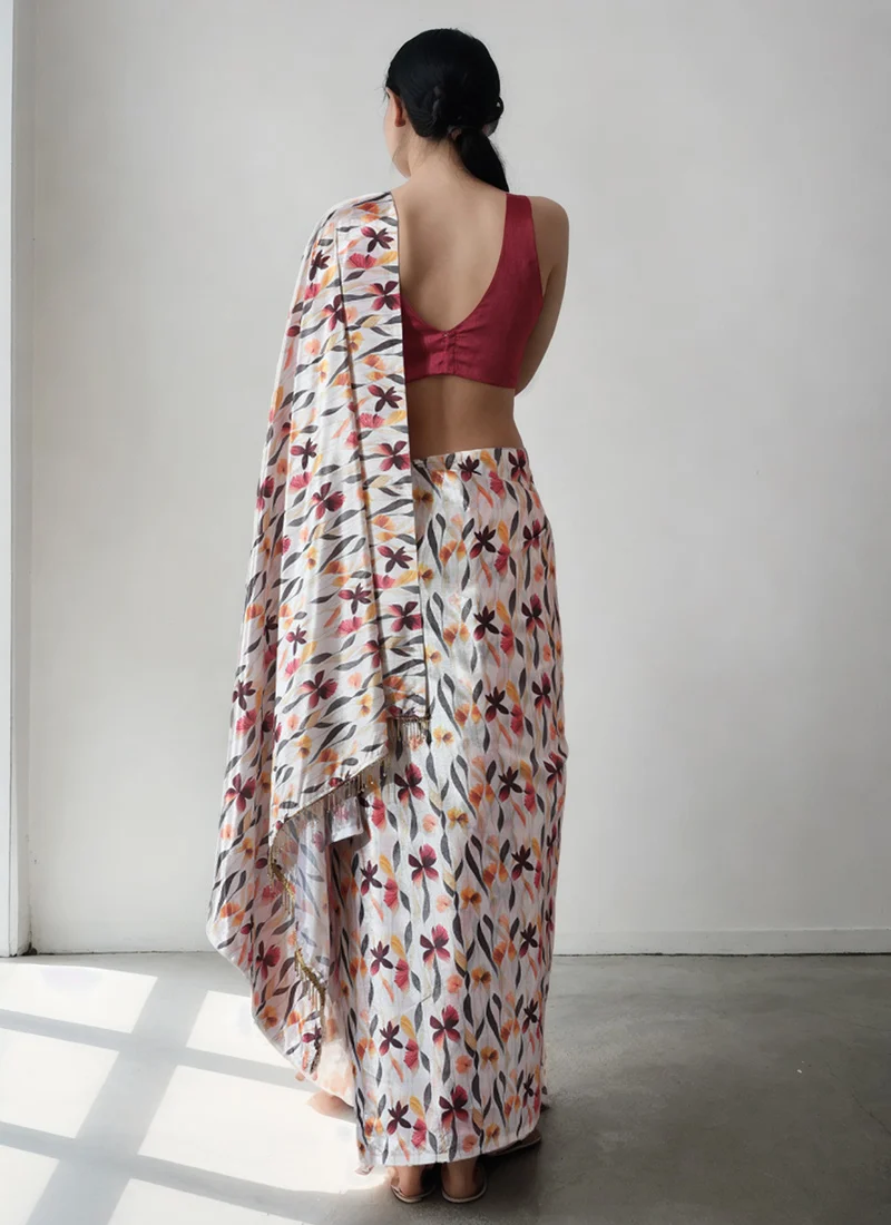 Off White Chinon Digital Print Pre Draped Saree After Six Wear - Image 2
