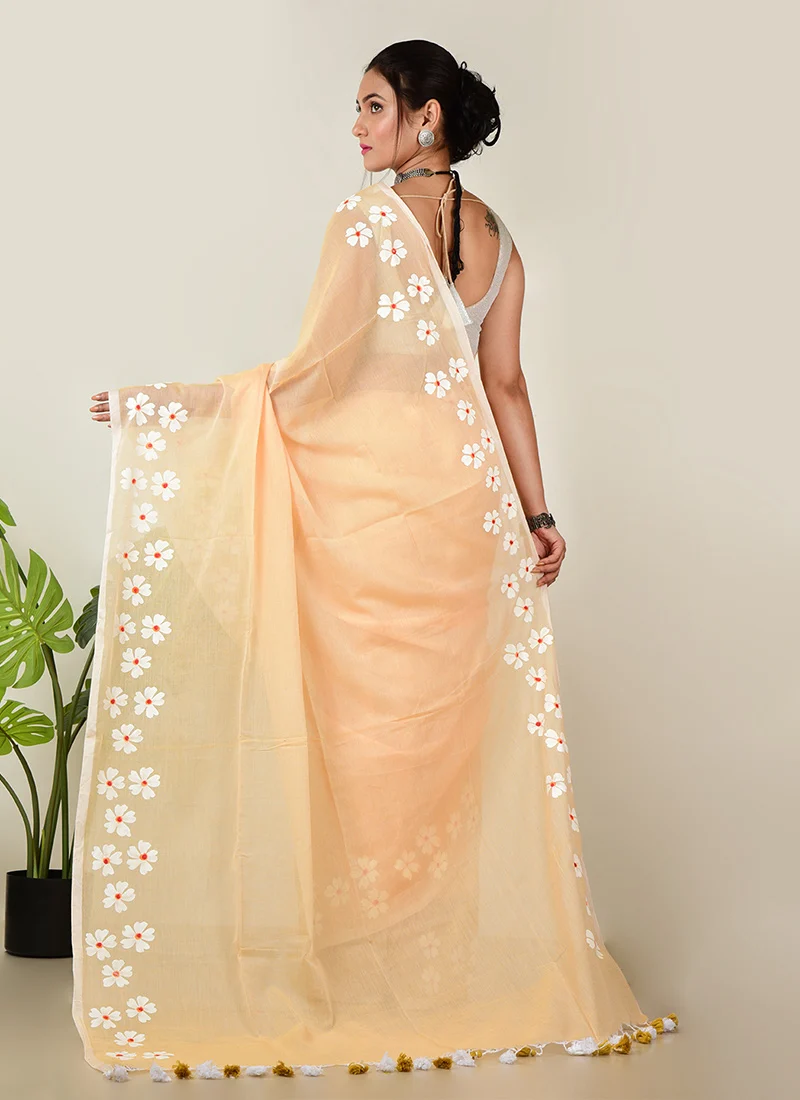 Peach Cotton Hand Painted Saree After Six Wear - Image 2