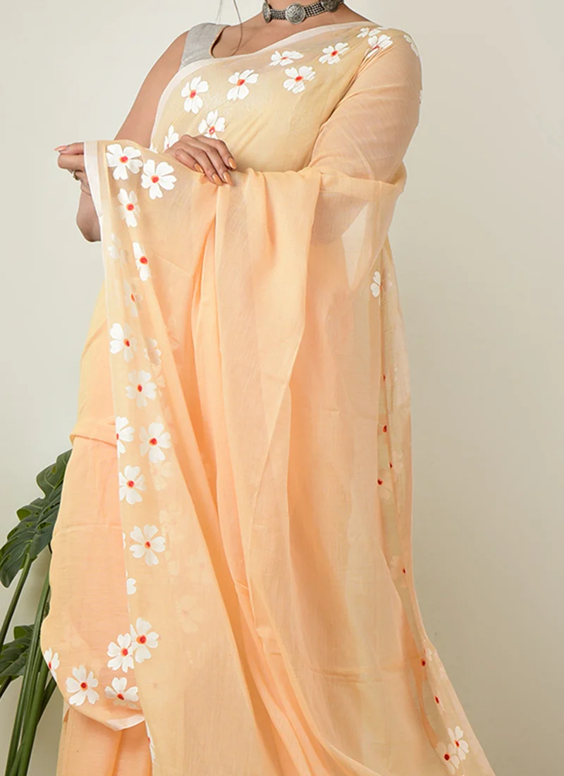 Peach Cotton Hand Painted Saree After Six Wear - Image 3