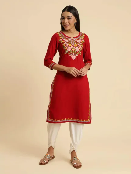 Red Kashmiri Multi Colored Embroidered Kurti
