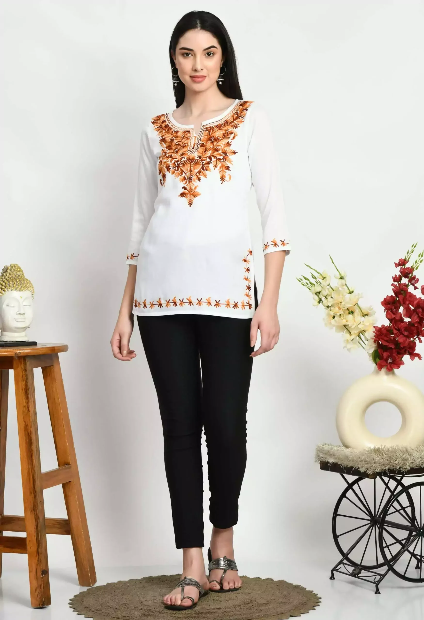 White Kashmiri Embroidered Short Kurti - Image 6
