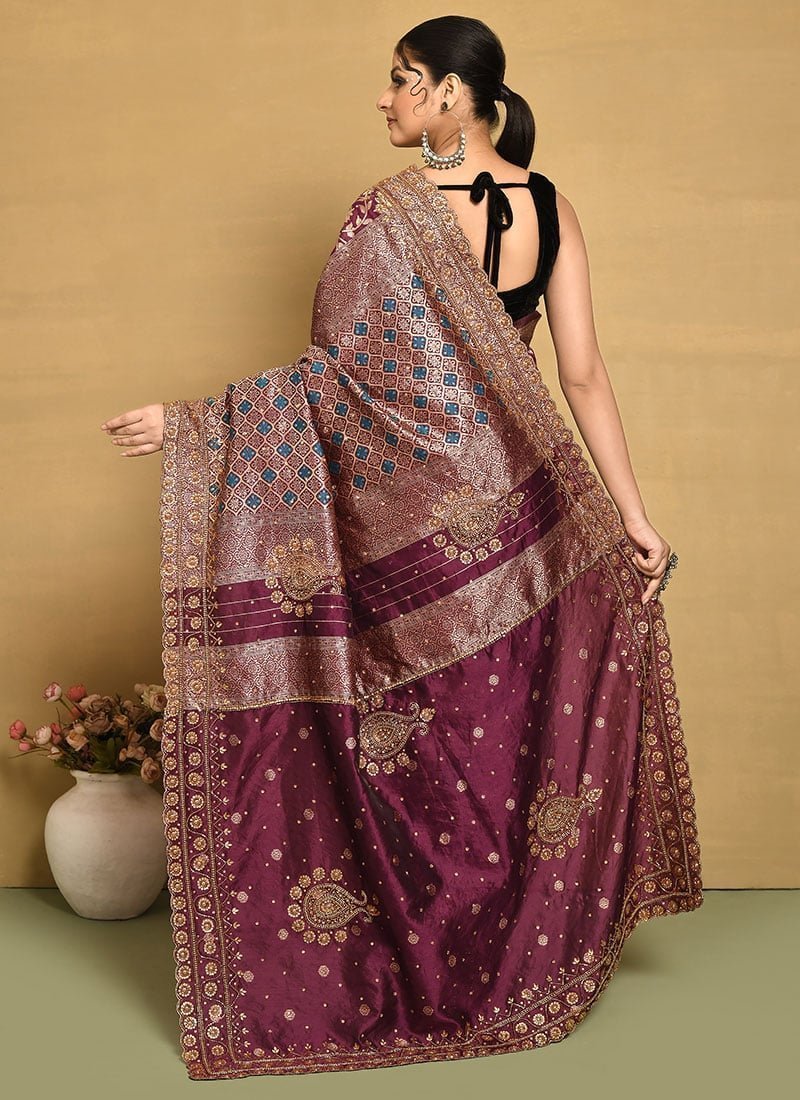 Wine Kancheepuram Silk Hand Embroidered Saree Wedding Wear - Image 2