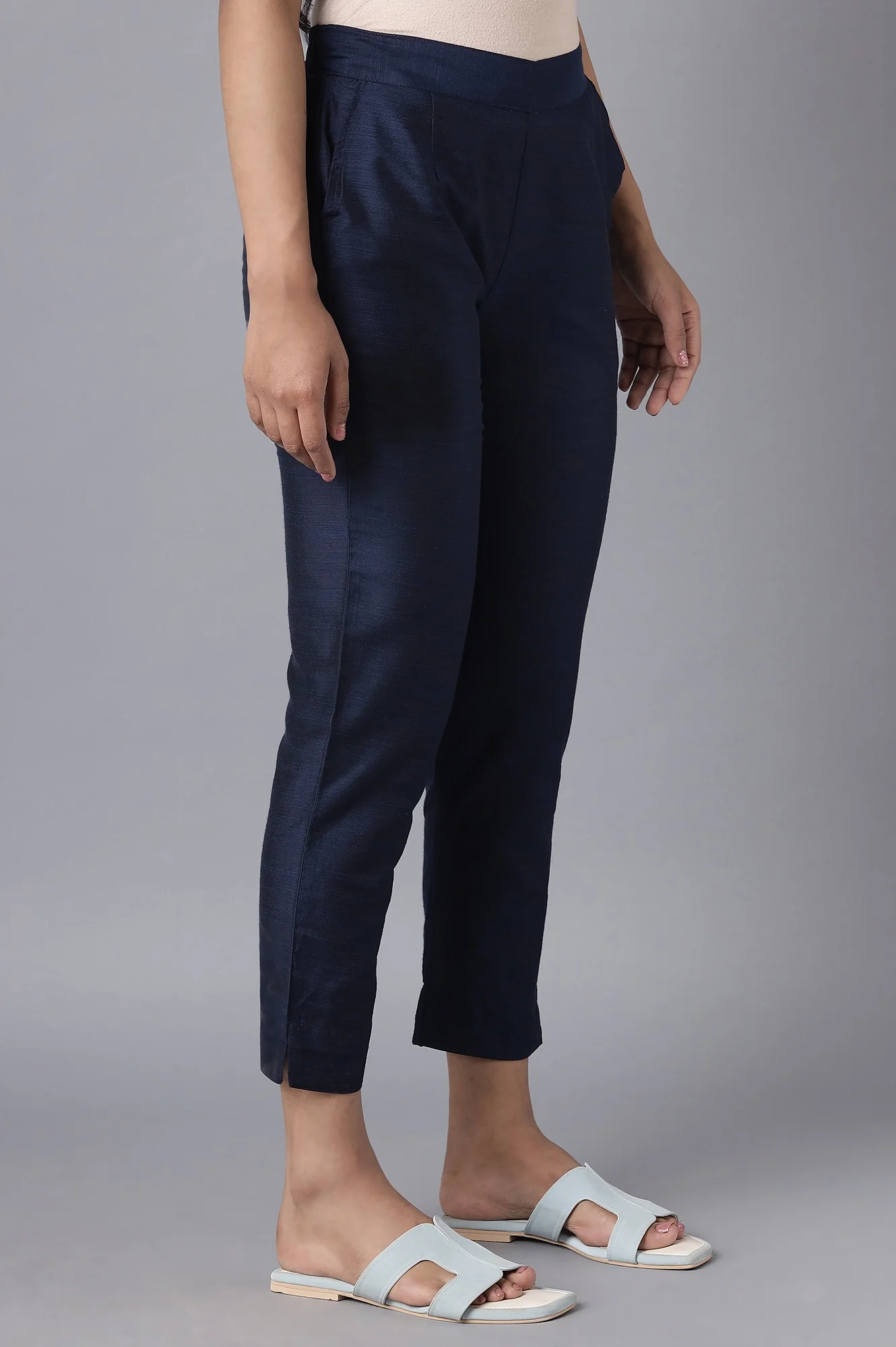 Solid Straight Fit Woven Trousers With Elasticated Waistband - Image 4