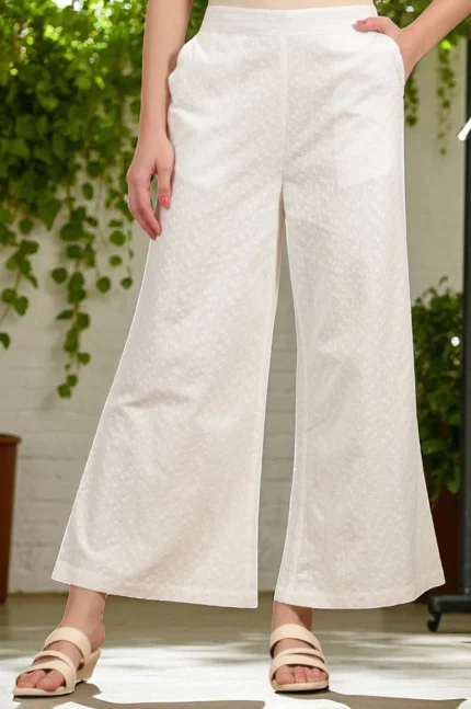 White Schiffli Embroidered Pure Cotton Flared Palazzo Pants